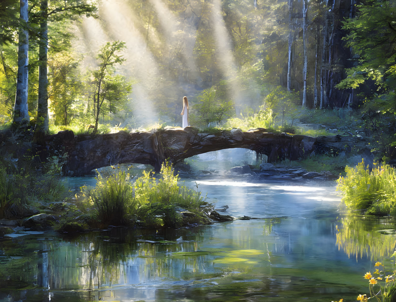 Tranquil forest scene with person on stone bridge