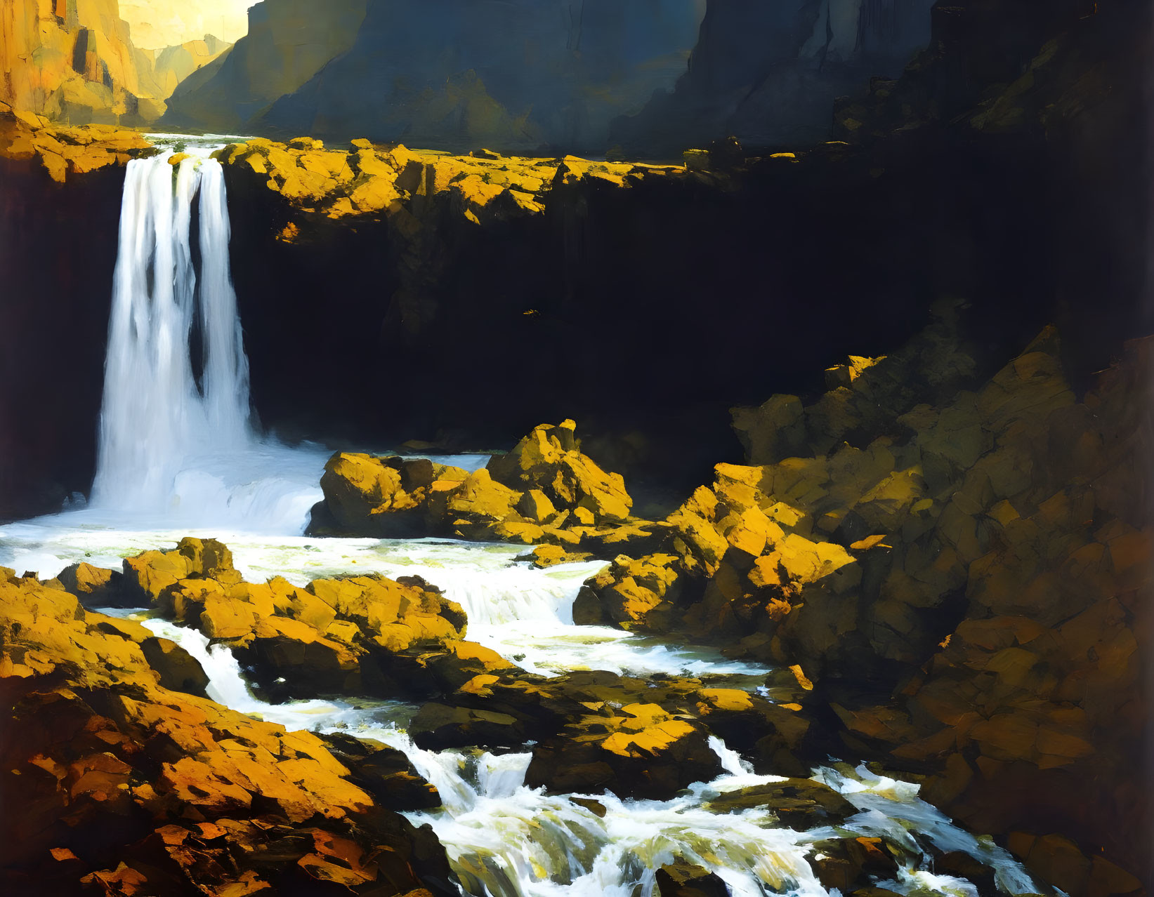 Scenic painting: Waterfall in rocky canyon with sunlight and shadows