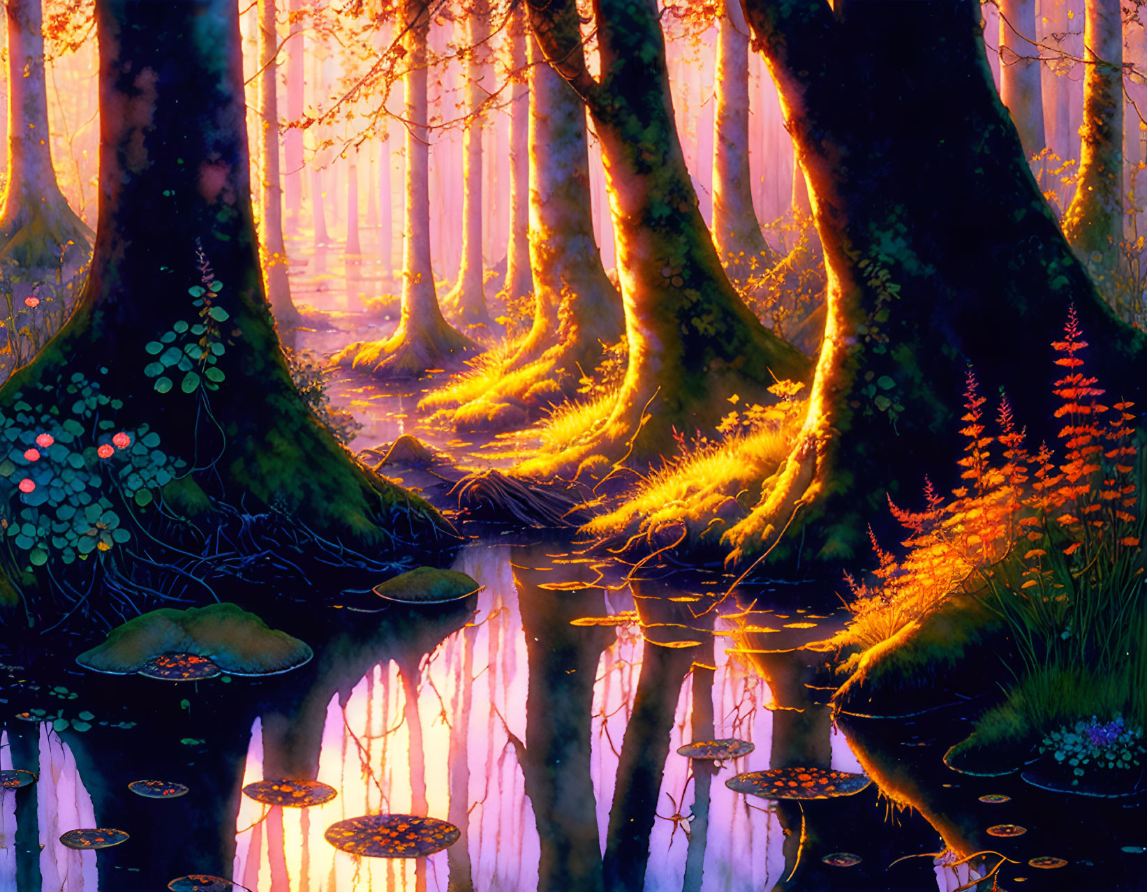 Vibrant forest scene with sunlight, water reflections, lily pads, and lush flora