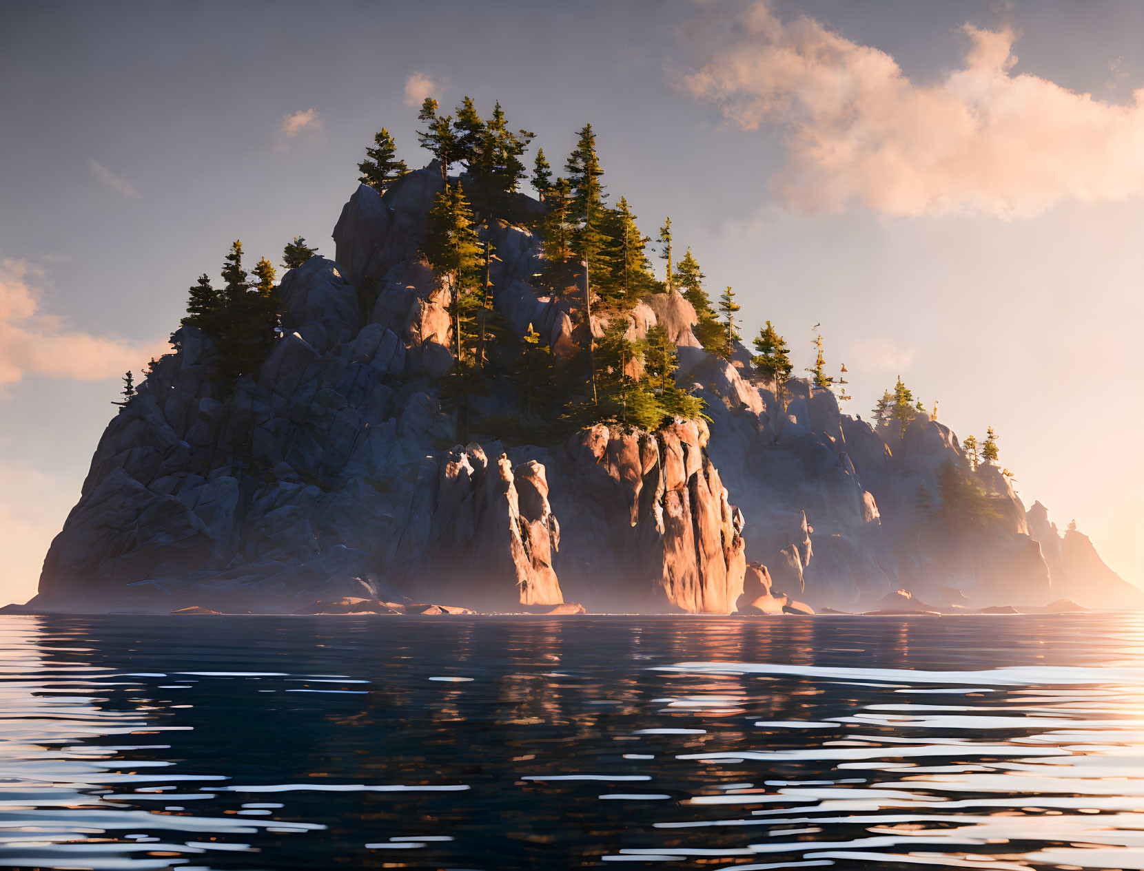 Scenic island with pine trees on cliffs at sunrise or sunset