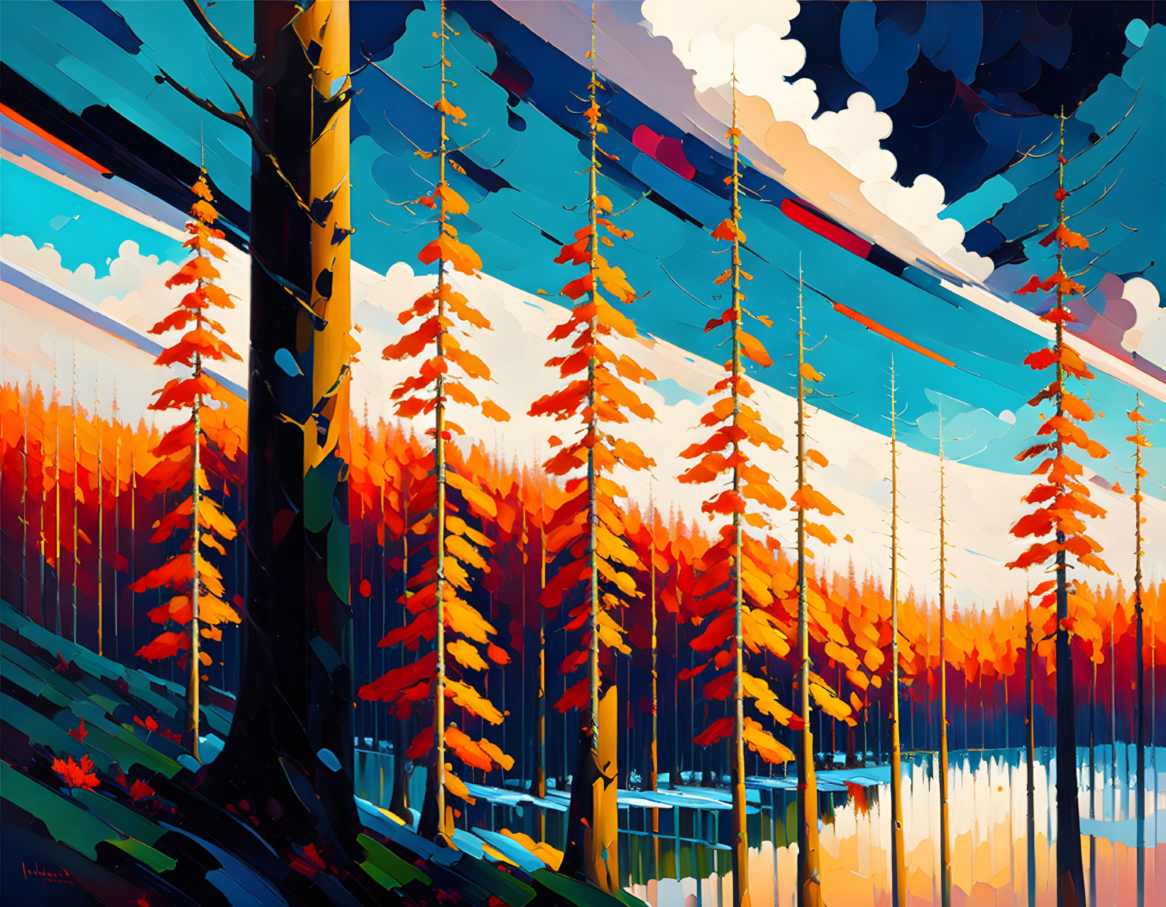 Colorful autumn forest scene with fiery trees by a reflective lake under a blue sky