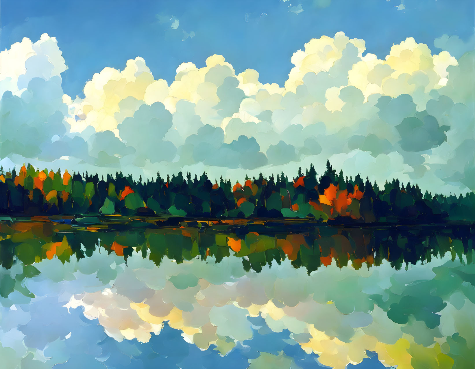 Colorful autumn forest painting with trees and lake reflection.