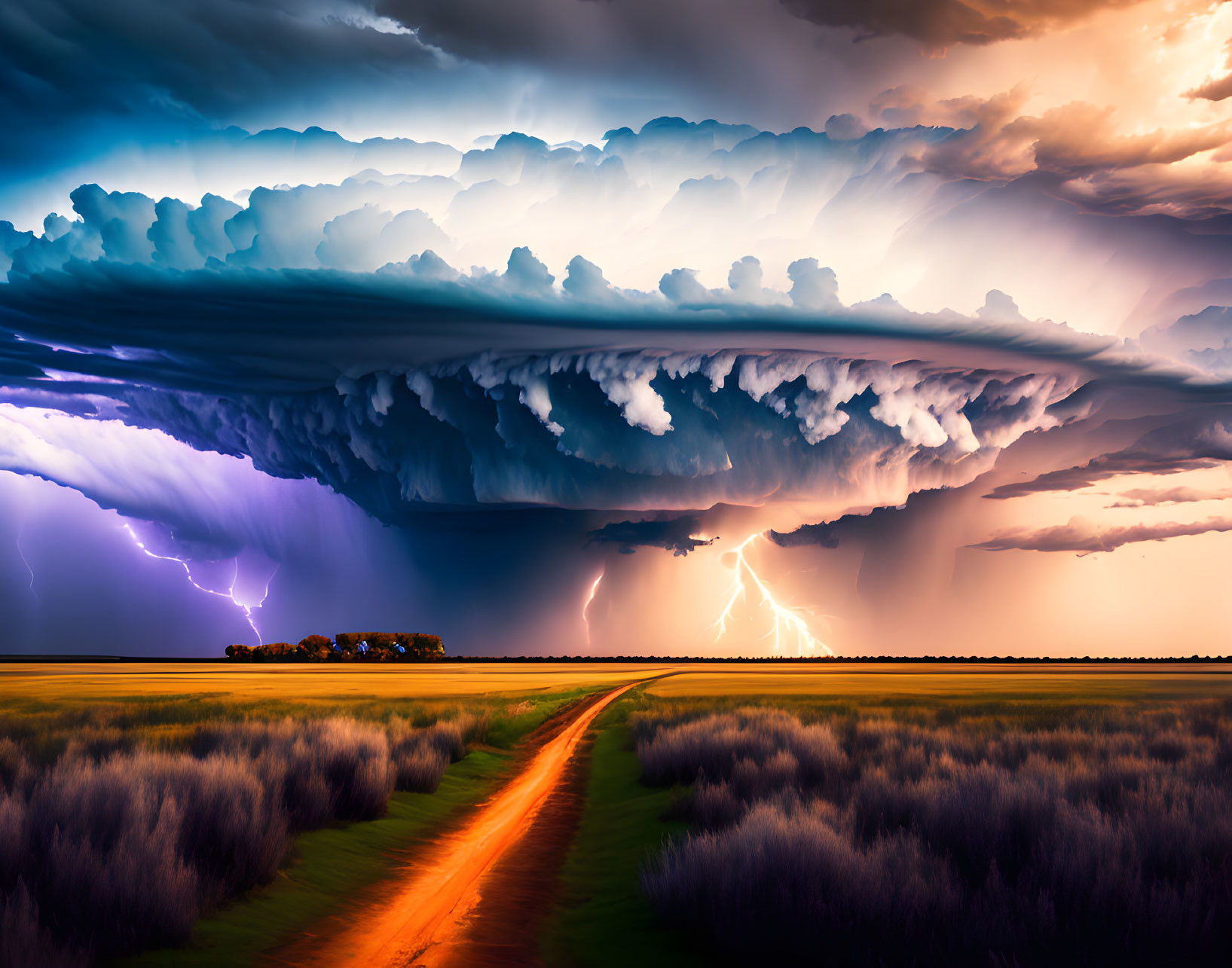 Thunderstorm with Lightning Strikes Over Open Field and Dirt Road