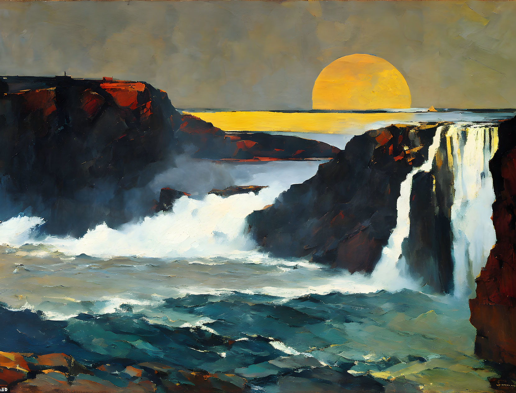 Dramatic seascape painting with cliffs, waterfall, setting sun, and cloudy sky