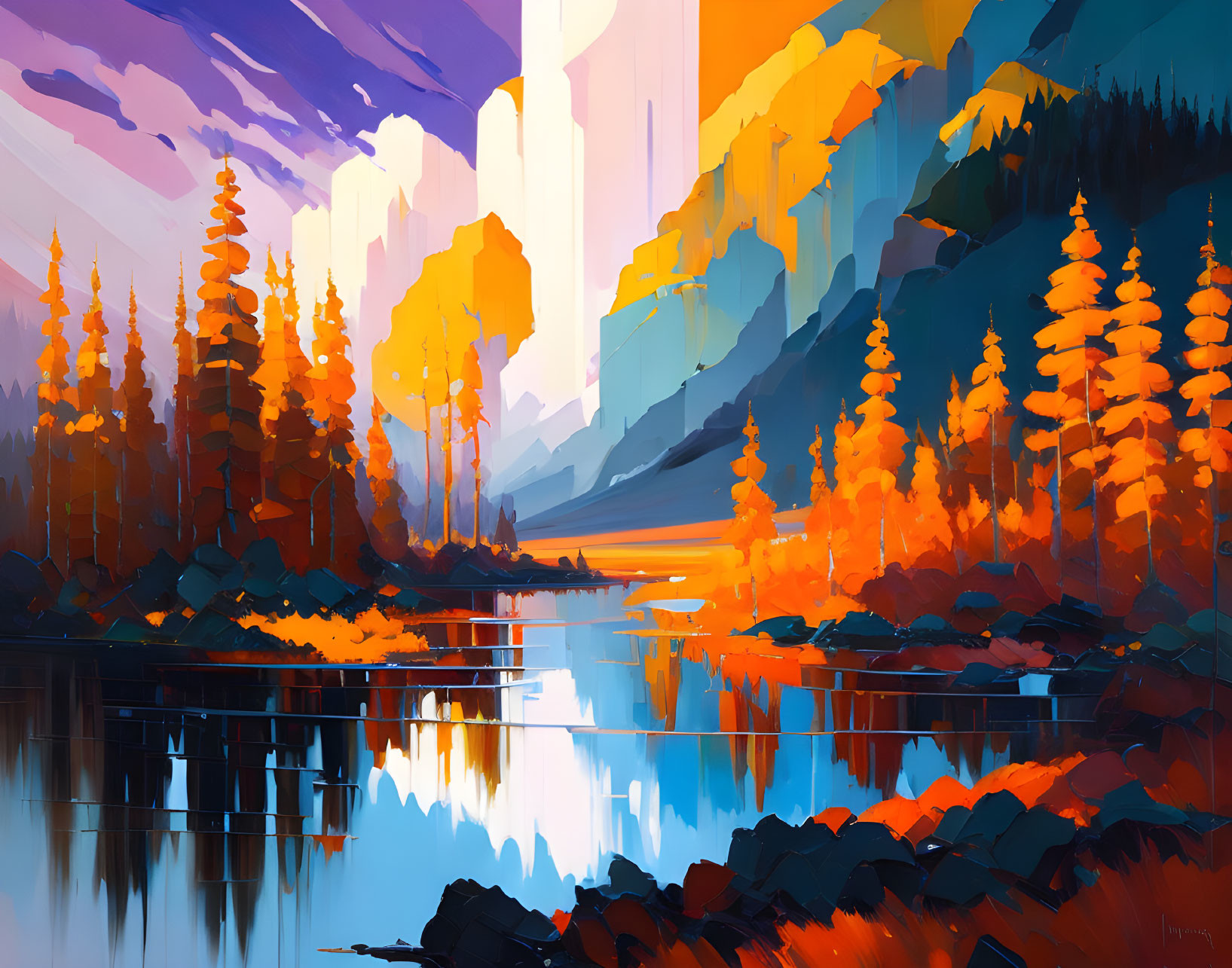 Colorful landscape: fiery orange trees, reflective lake, geometric cliffs under blue sky