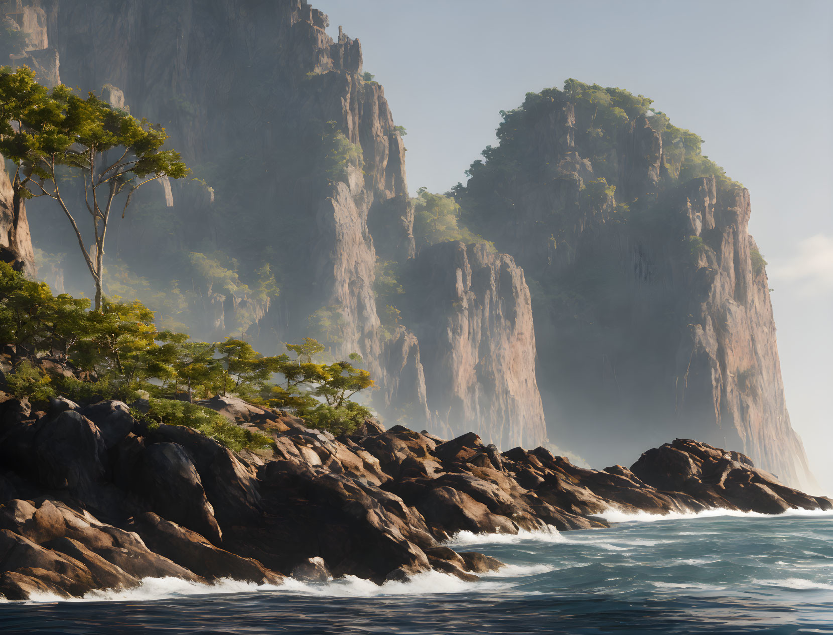 Dramatic ocean cliffs with trees under clear sky