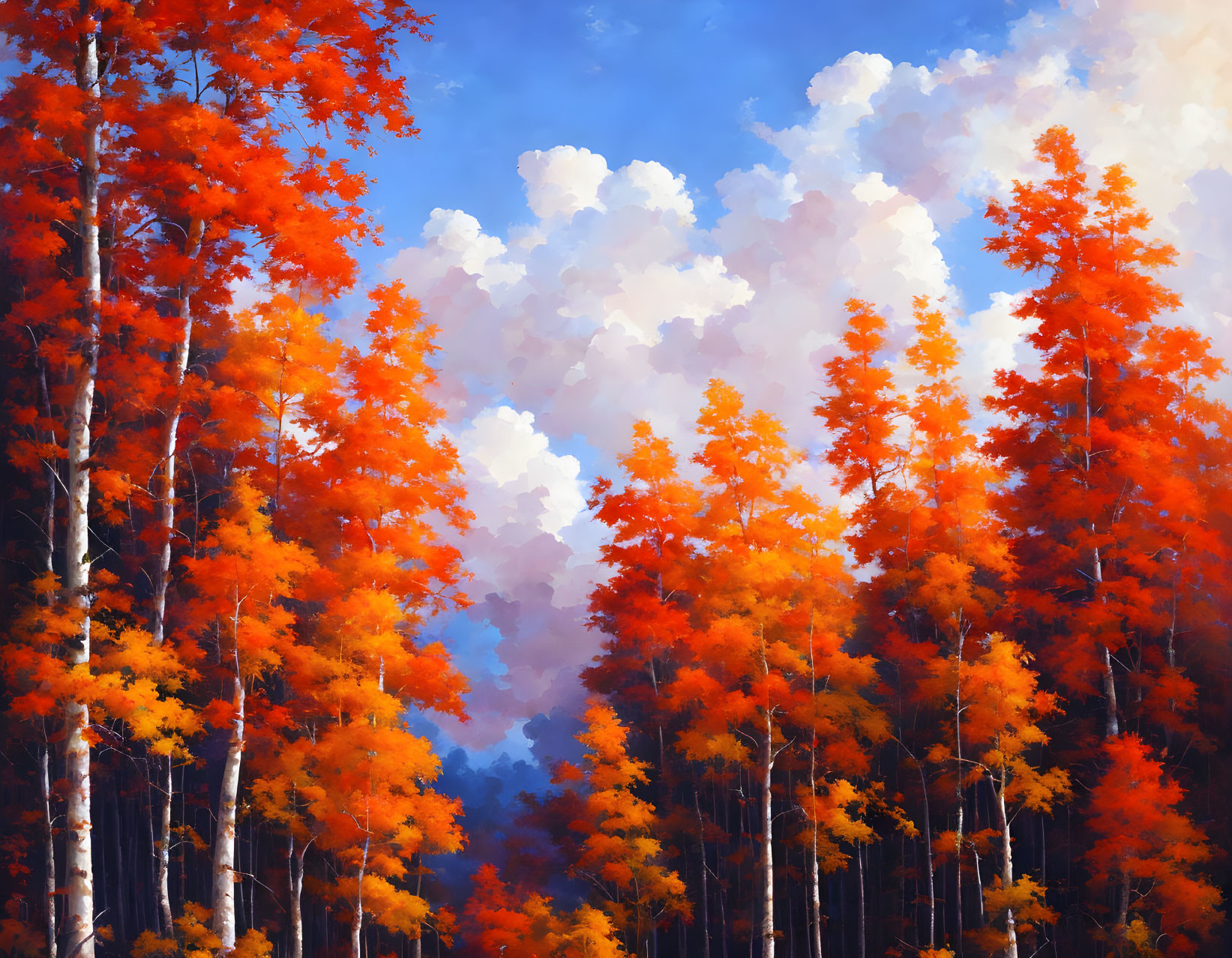 Colorful Autumn Trees Under Blue Sky with White Clouds