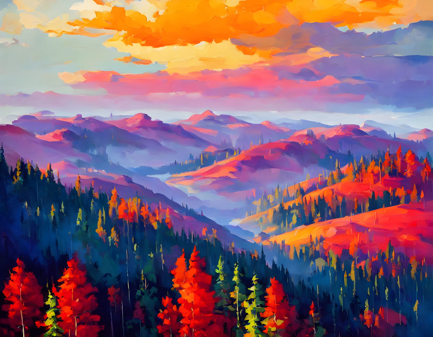 Colorful sunset painting over hills and forests