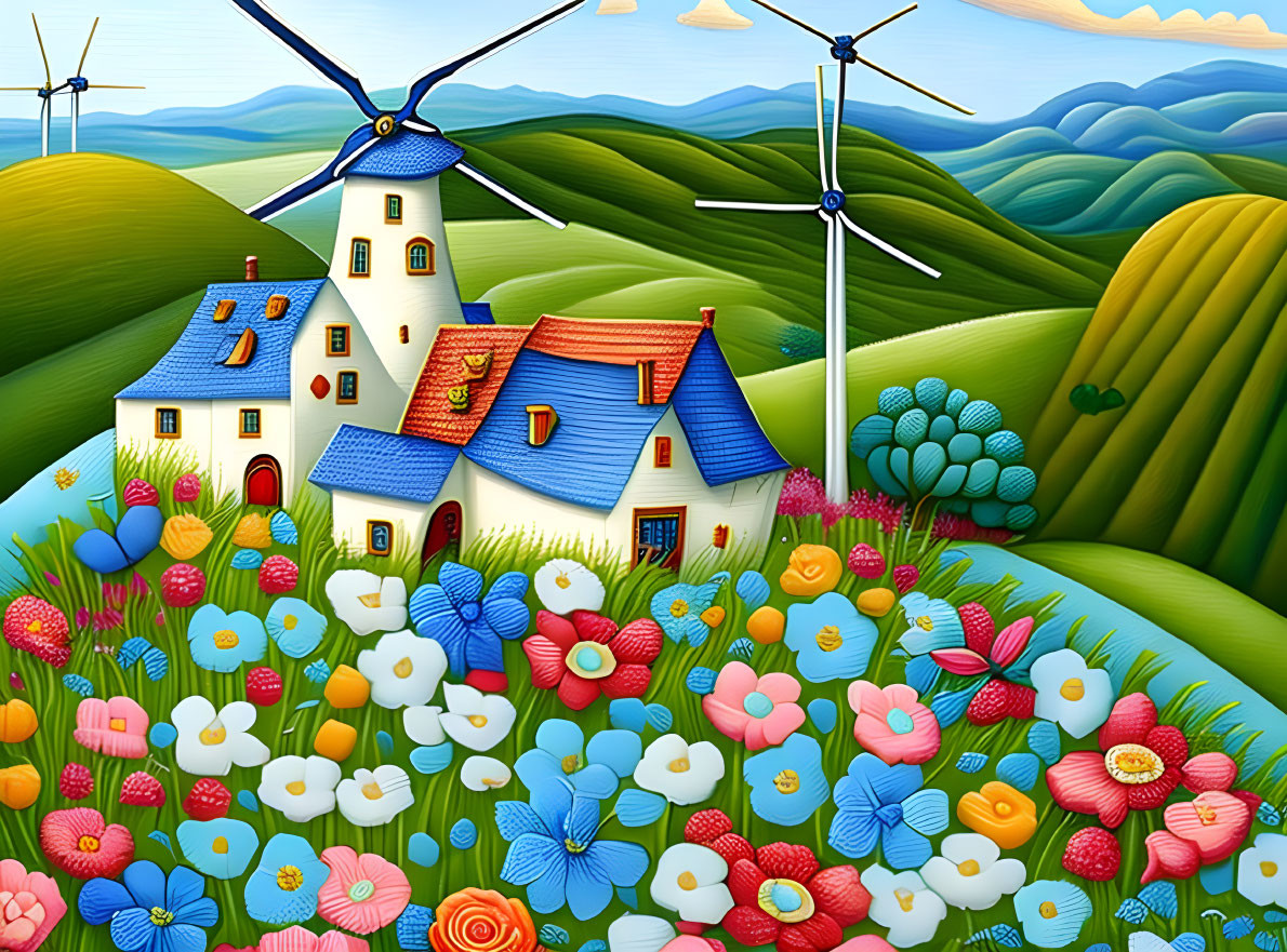 Colorful countryside scene with house, windmills, hills, and flowers