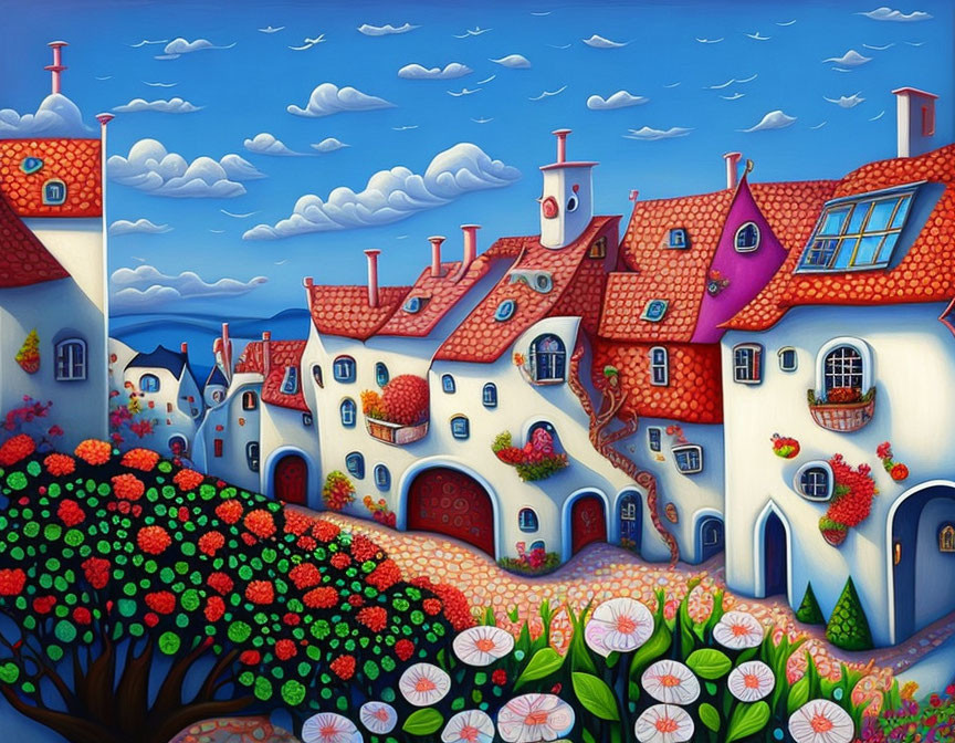 Colorful Painting of Stylized Village with Vibrant Roofs and Trees