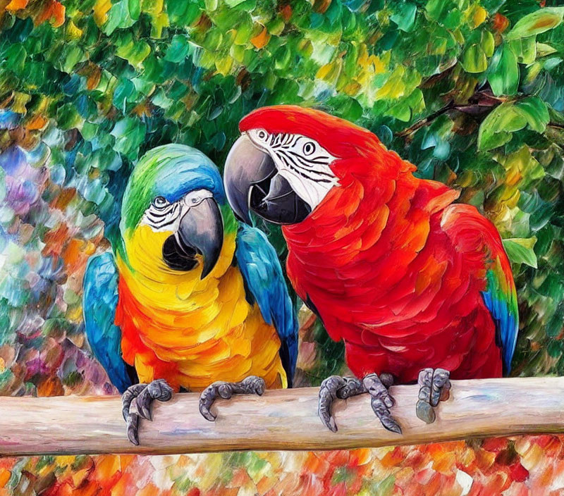 Colorful Parrots Perched on Branch in Impressionist Setting