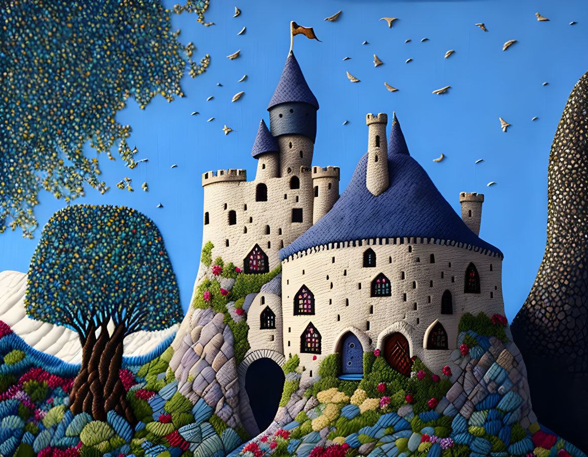 Blue-roofed fairytale castle amidst colorful flora with birds in flight against clear sky