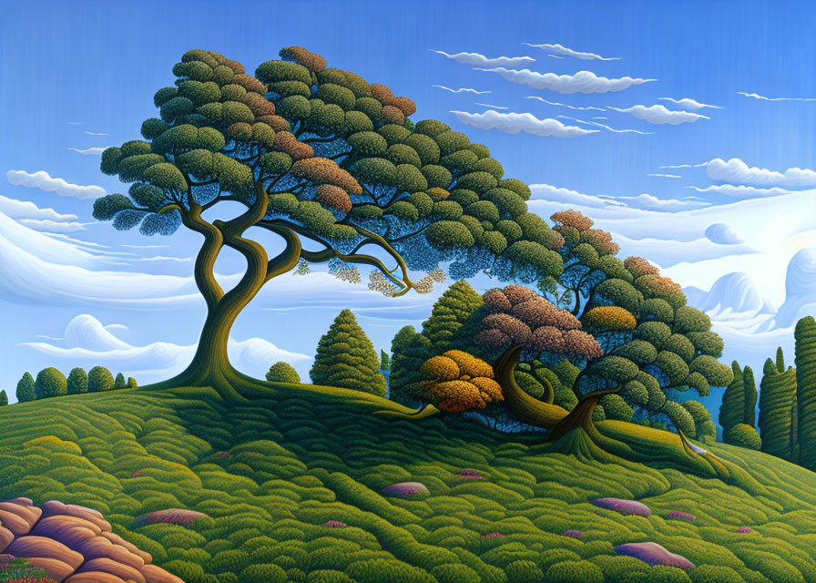 Whimsical painting of verdant hills and full-canopied trees