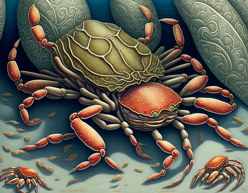 Stylized digital artwork featuring large crab surrounded by smaller ones