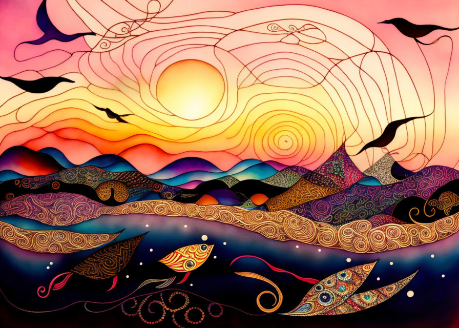 Colorful Sunset Image with Swirling Patterns and Silhouetted Wildlife