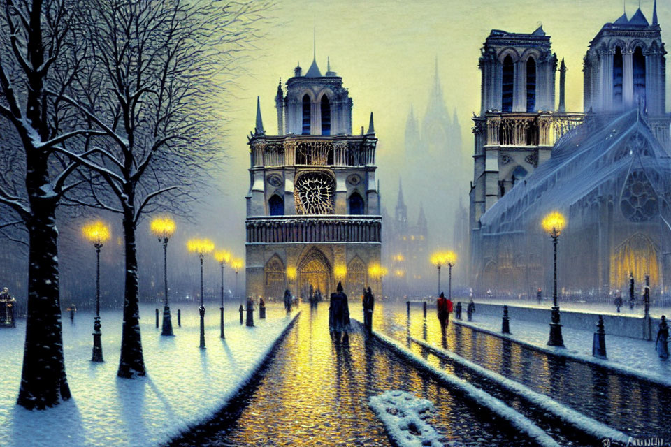 Snowy Evening Scene: People near Gothic Cathedral, Glowing Lamps & Reflective Pathway