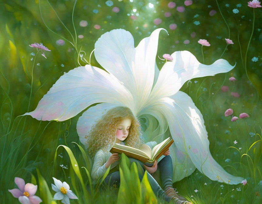 Curly-haired girl reading in white flower in magical meadow