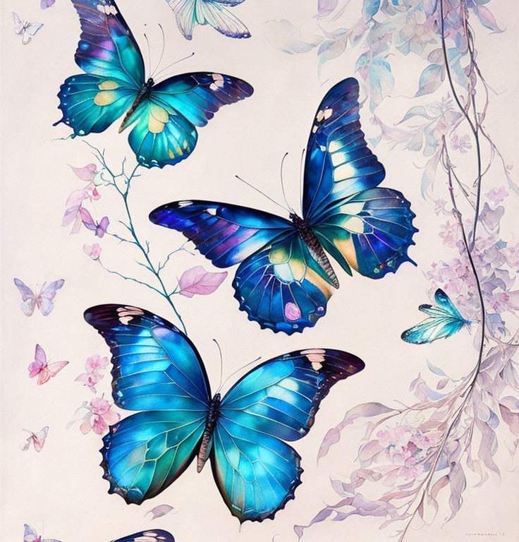 Blue and Green Butterflies with Delicate Wing Patterns on Light Background