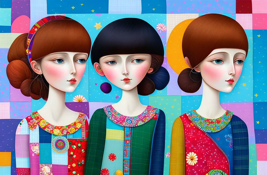 Colorful Geometric Background with Stylized Female Figures