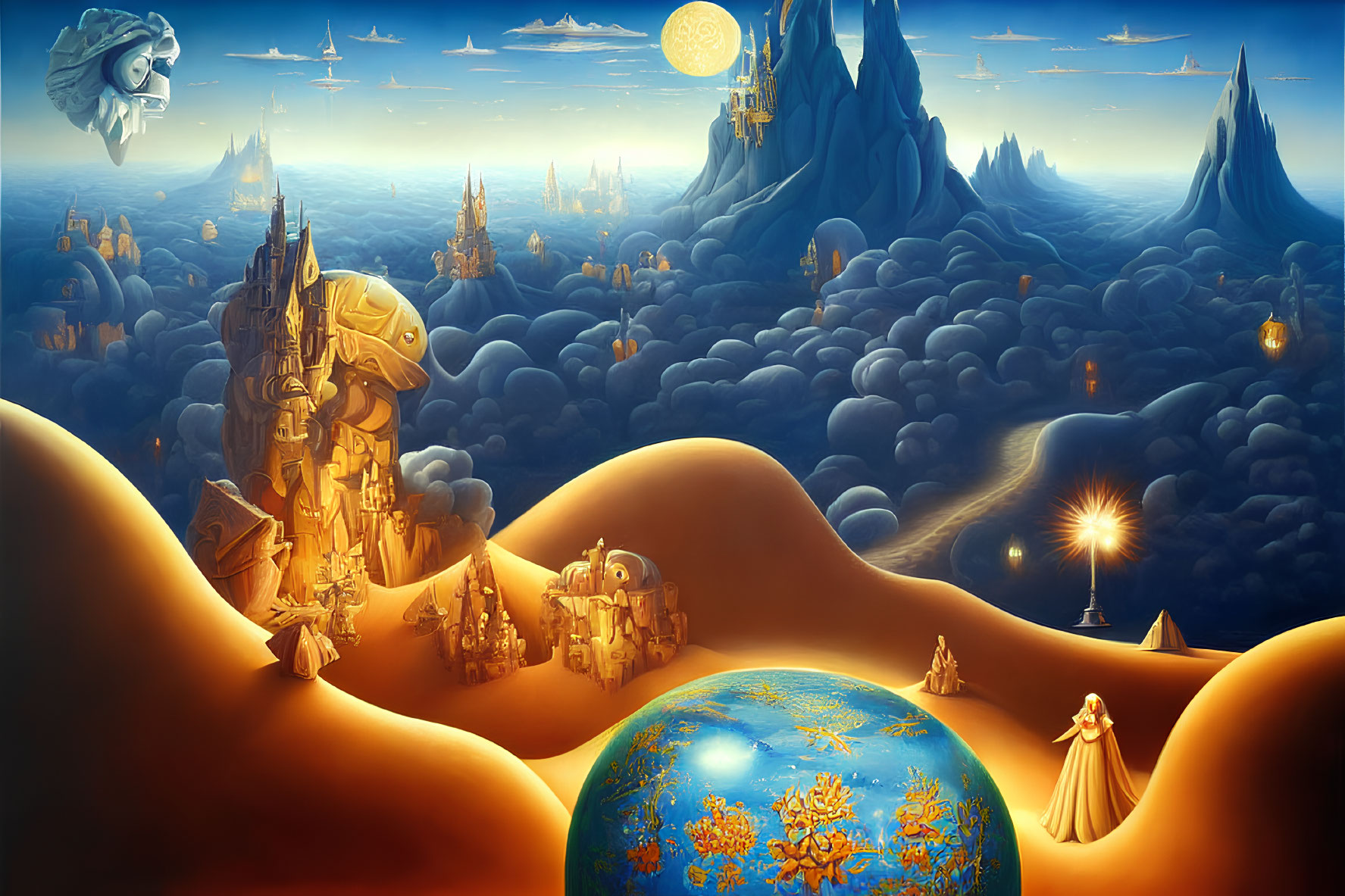 Fantastical landscape with illuminated castles, floating islands, and vibrant earth-like orb under celestial sky