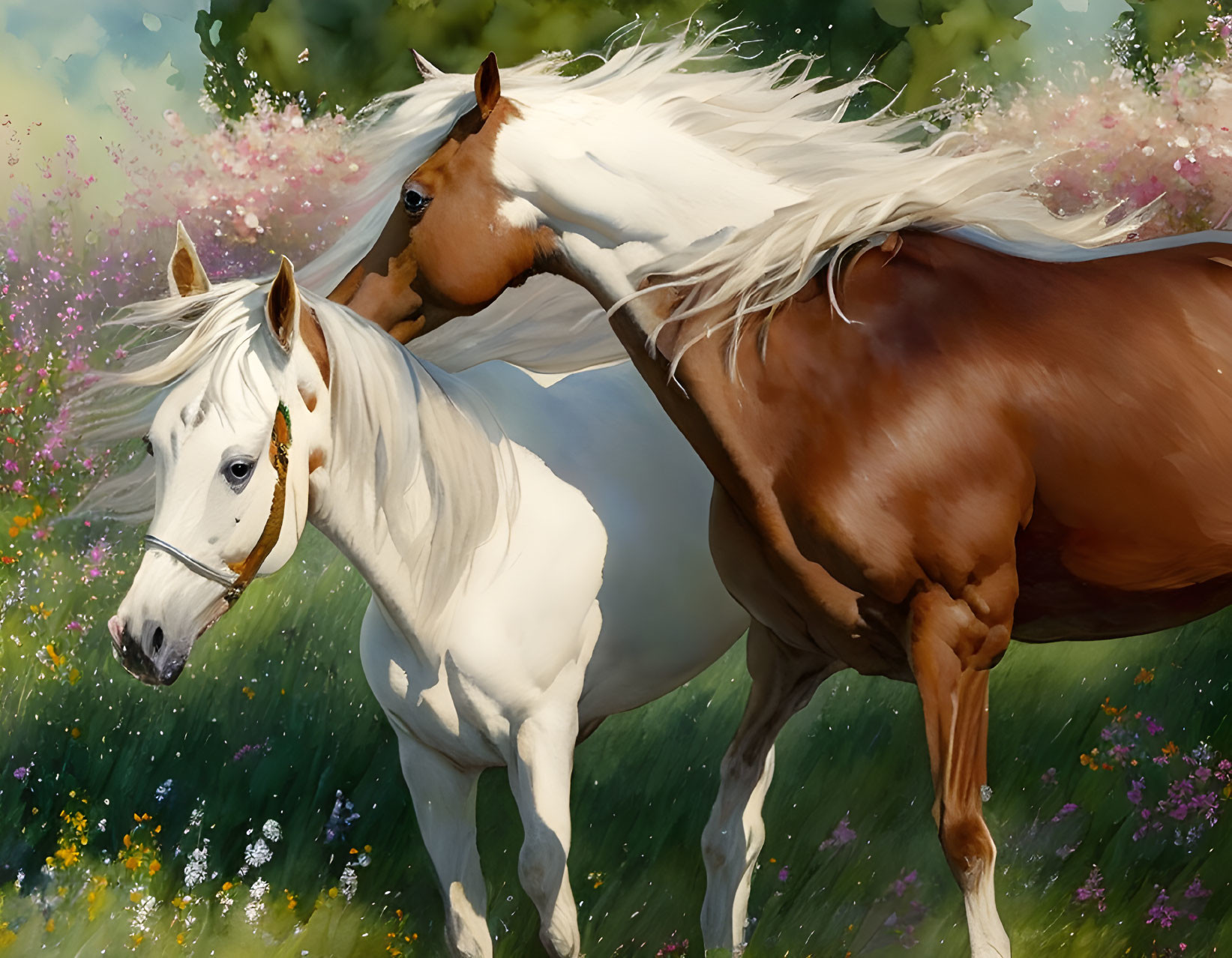 Two galloping horses among blooming flowers: white and chestnut with flowing manes.