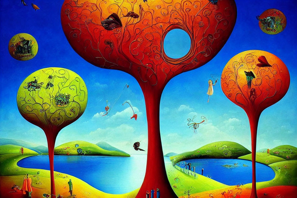 Whimsical painting of heart-shaped tree canopies against blue sky