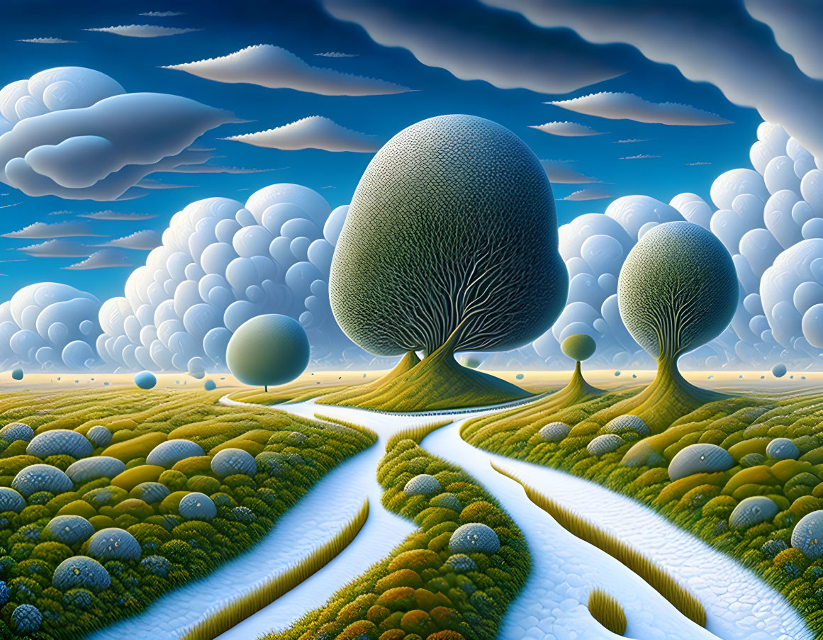 Surreal landscape with oversized tree-like structures and undulating paths