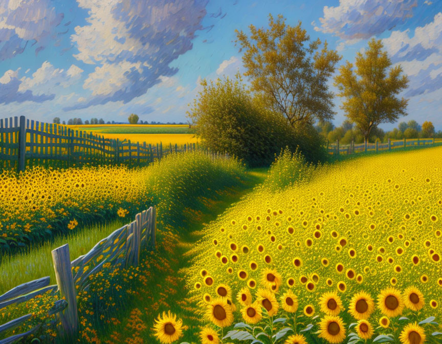 Sunflower Field Painting with Blue Sky and Trees