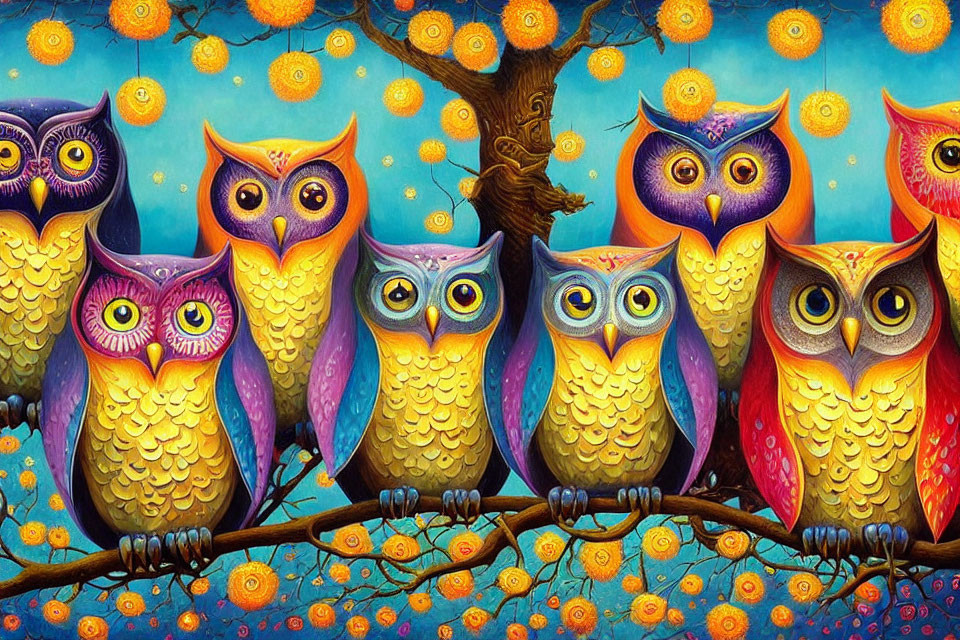 Vibrant illustration: Seven whimsical owls on branch, blue background with yellow orbs