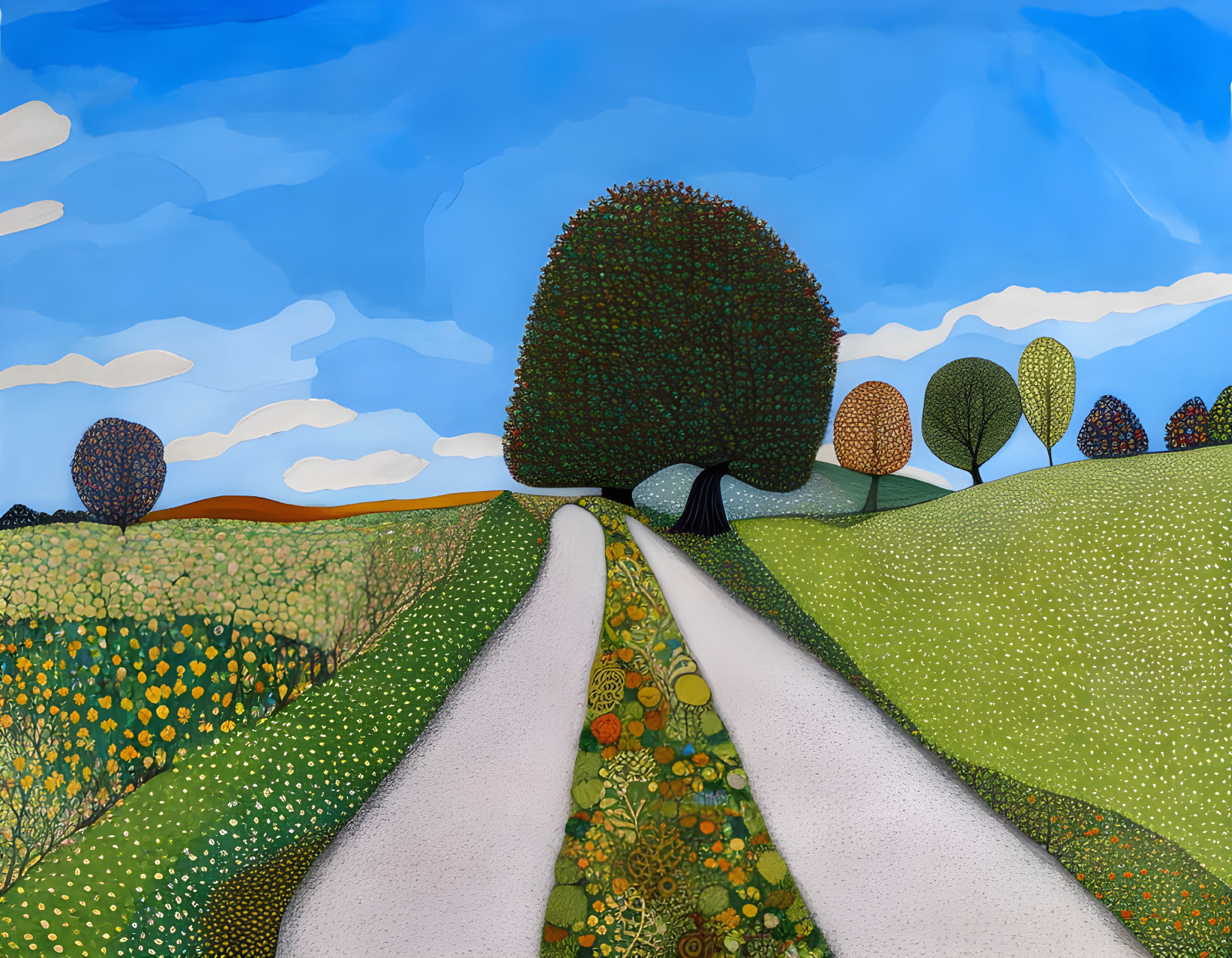 Vibrant landscape painting with central tree, blue sky, white roads, and flowers