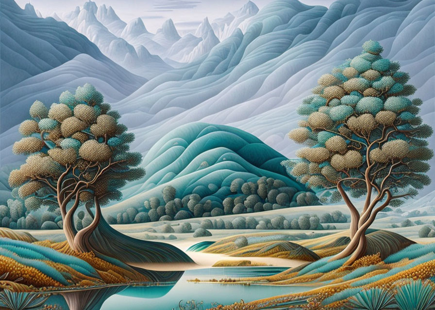 Stylized artwork of lush trees in serene landscape