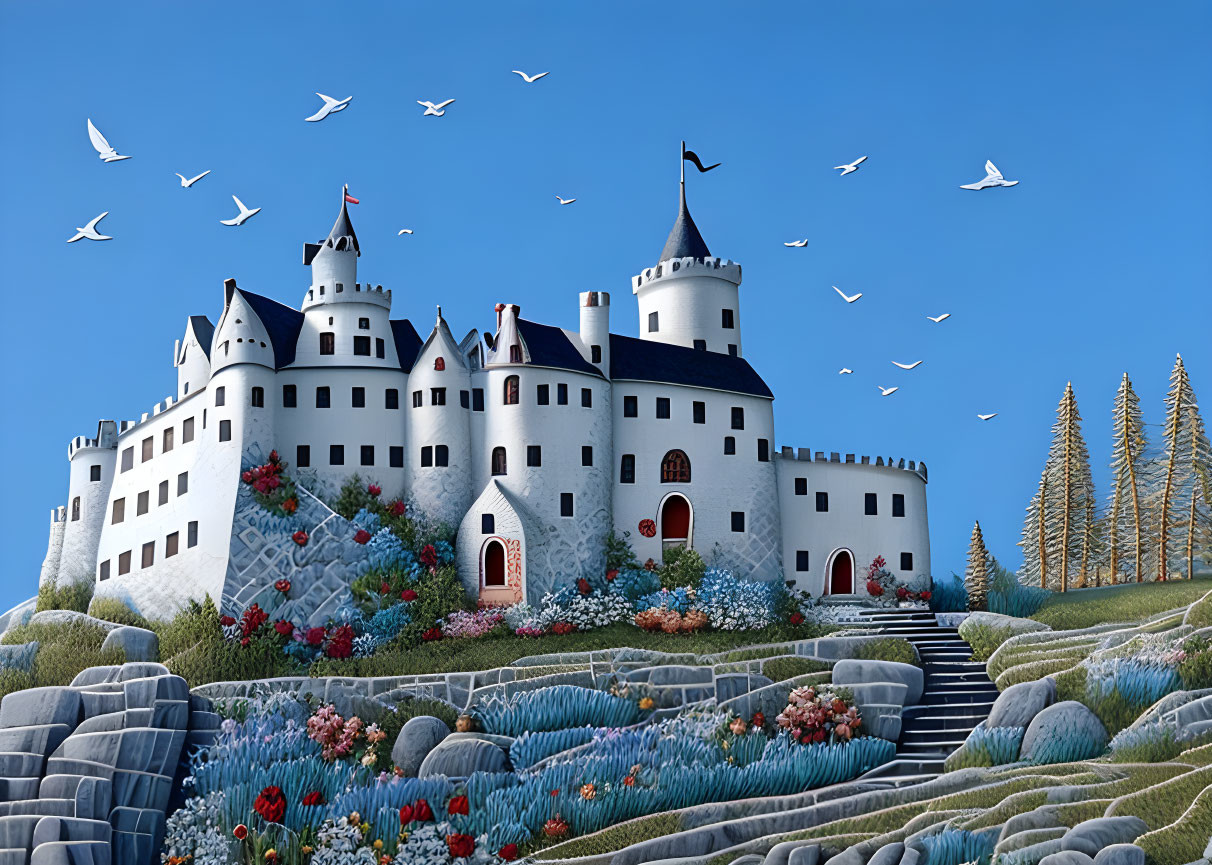 Idyllic castle with turrets on hill, surrounded by gardens and birds