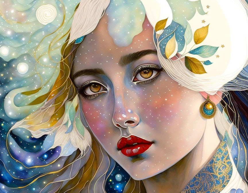 Celestial-themed artwork featuring a woman merging with starlit sky and cosmic elements