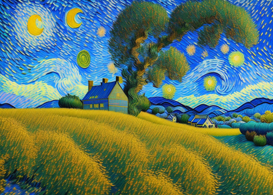 Impressionist-style painting: Starry night sky over village