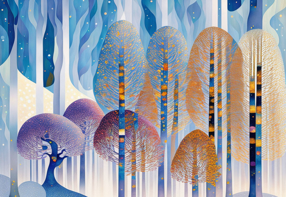 Colorful Stylized Forest Illustration with Intricate Patterns