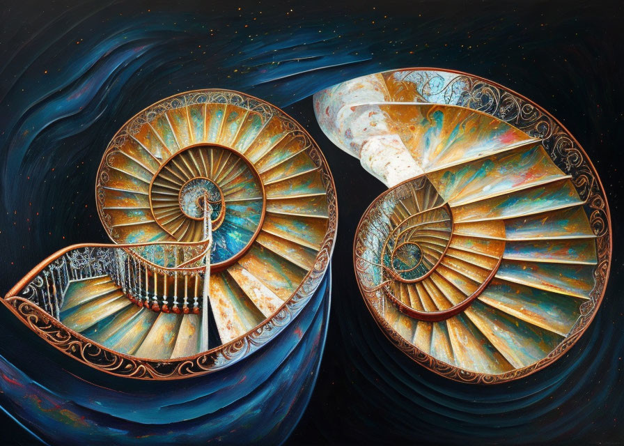 Ornate nautilus shell spiral staircases on abstract celestial background