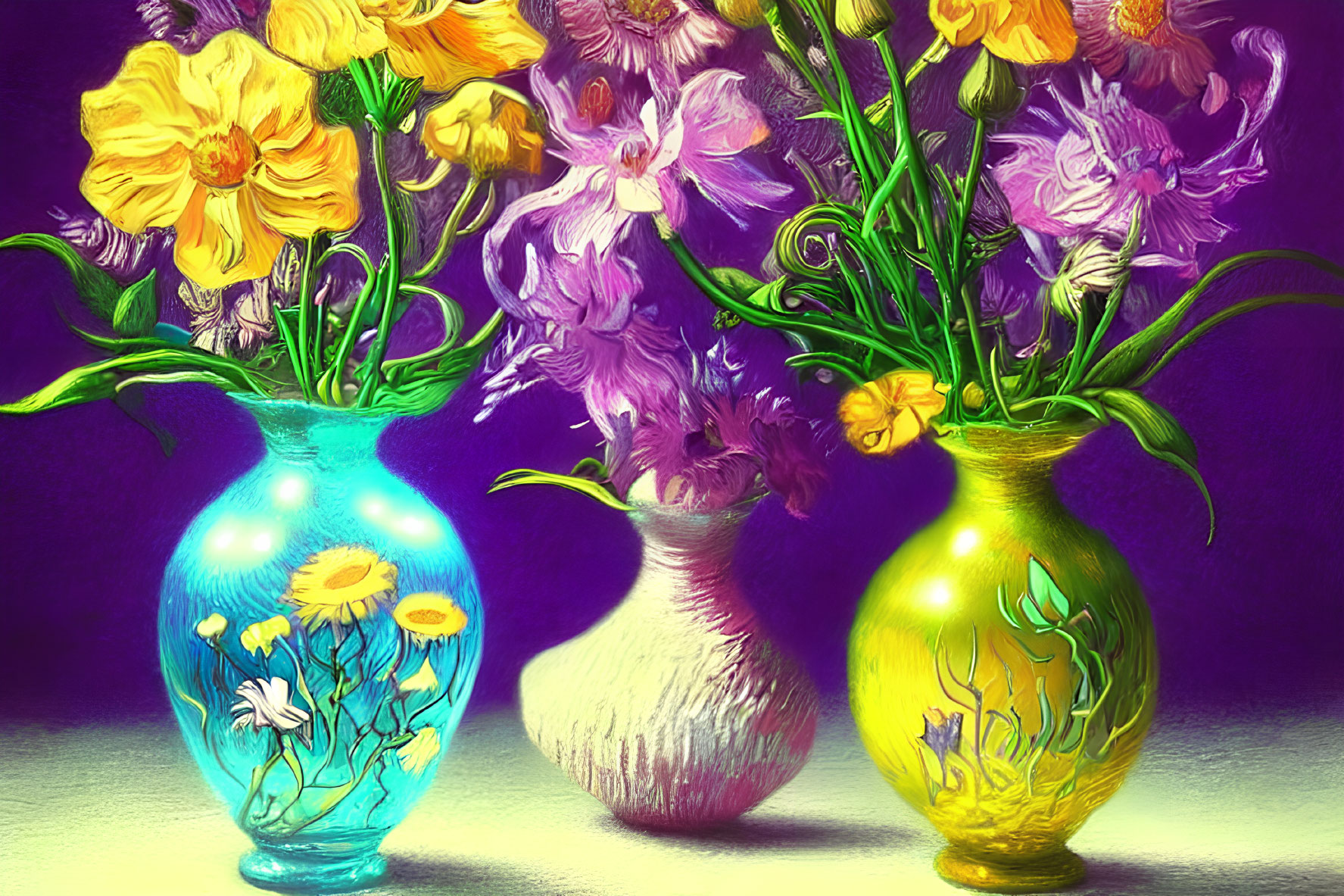 Colorful Flowers in Three Vibrant Vases: Blue with Daisies, White with Pink Blo