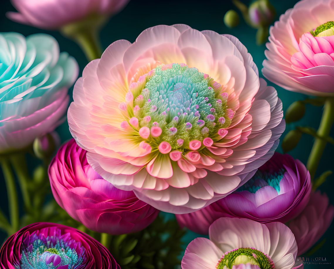 Colorful Layered Petal Flowers in Pink and Teal Gradient on Dark Background