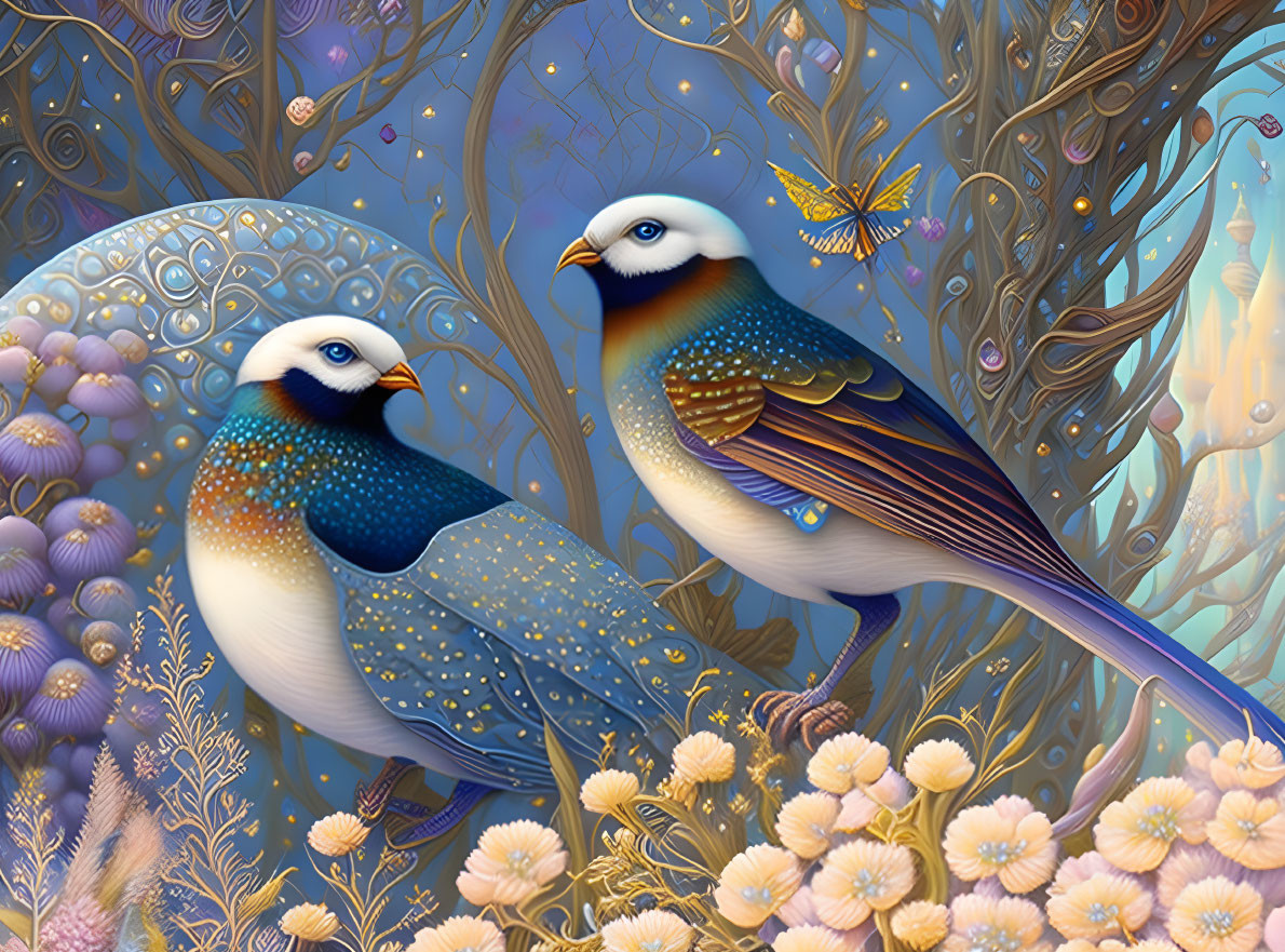 Ornate fantasy birds with vibrant plumage in whimsical floral scene