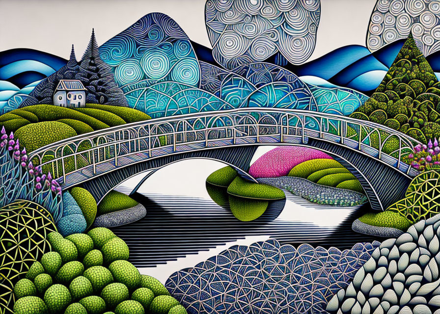 Colorful landscape with patterned bridge, house, and rolling hills.