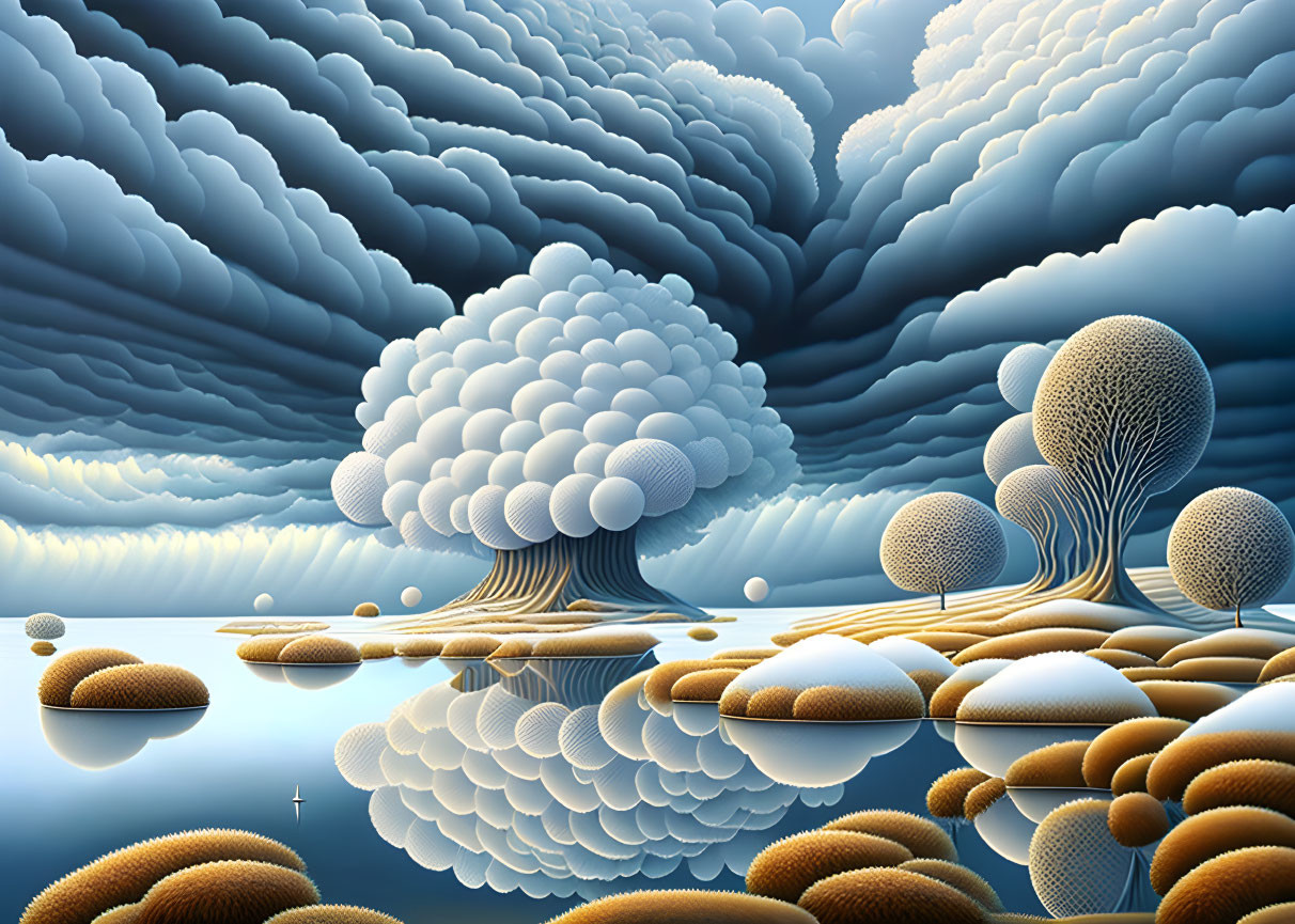 Surreal landscape with stylized trees, clouds, stones, and tranquil water.