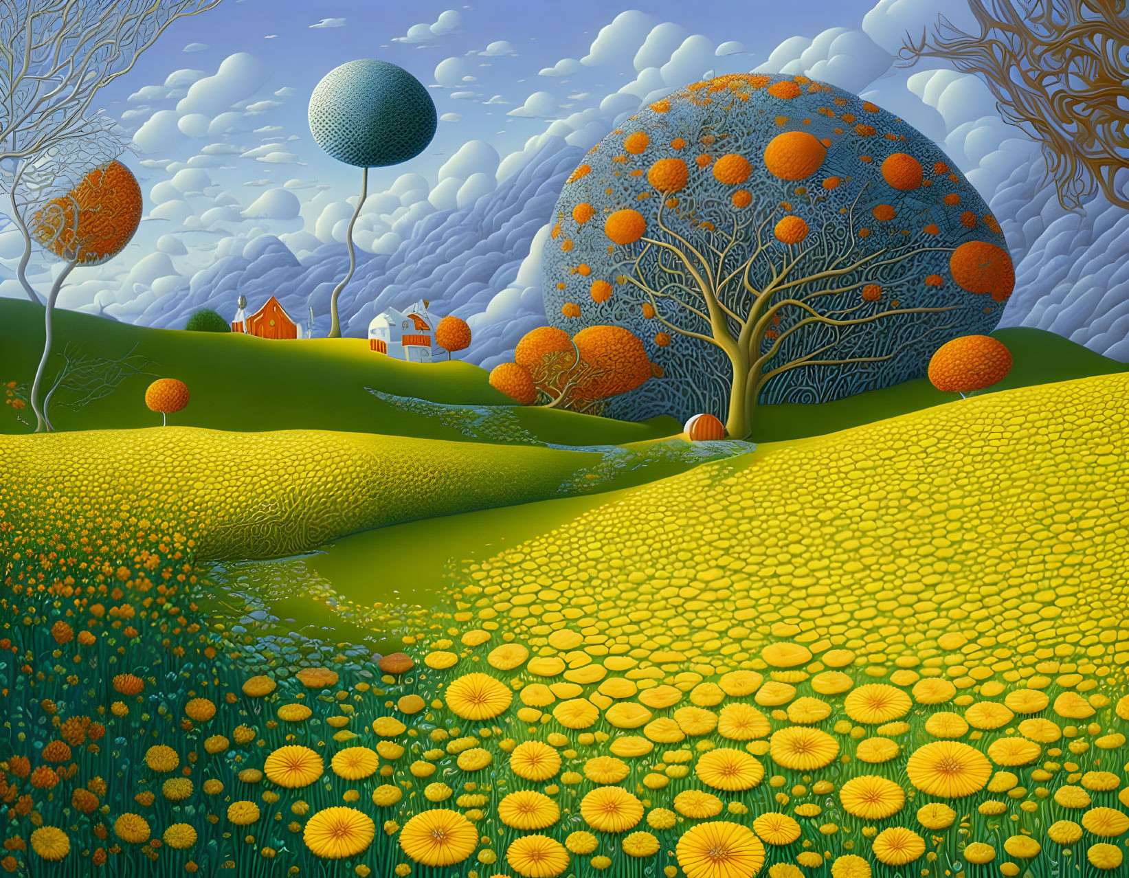 Colorful landscape with whimsical trees, spheres, hills, and yellow flowers under a stylized sky