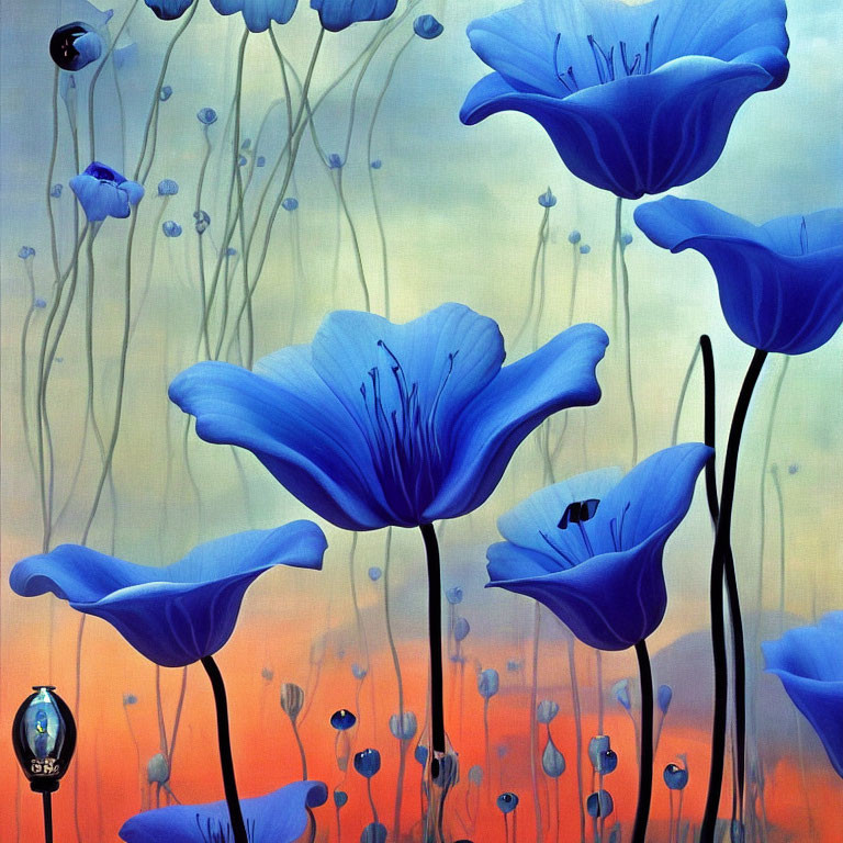 Colorful Oversized Blue Flowers Painting with Whimsical, Surreal Atmosphere