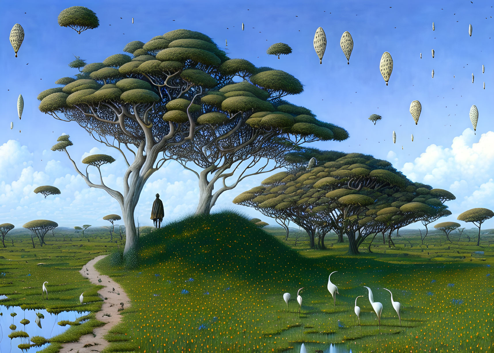 Surreal landscape with umbrella-shaped trees and floating islands