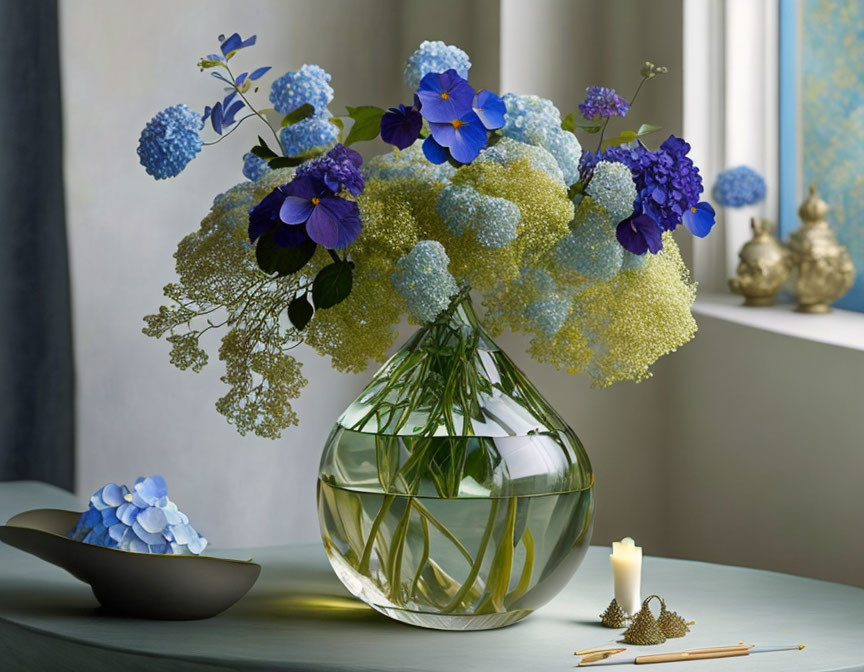 Colorful Floral Arrangement with Blue and Yellow Flowers in Glass Vase