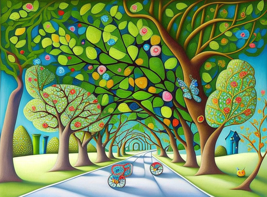 Colorful Pathway Painting with Trees, Flowers, and Butterflies