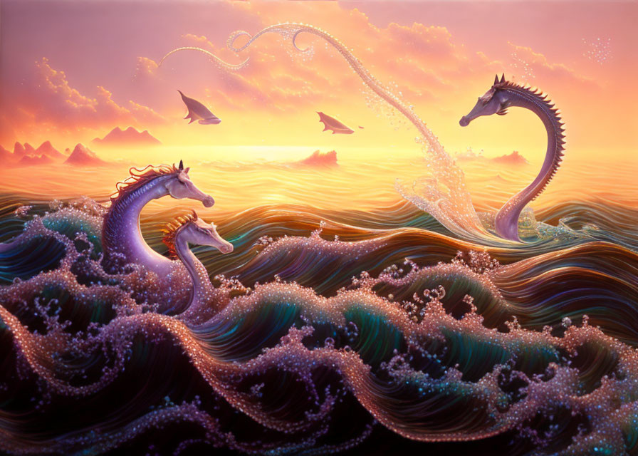 Mystical seahorses in vibrant ocean with flying fish & mountains