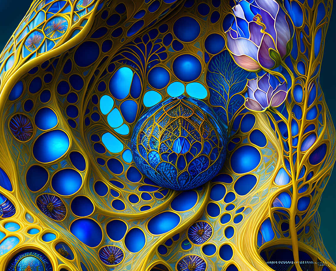 Intricate Blue and Gold Digital Art with Cellular and Floral Motifs