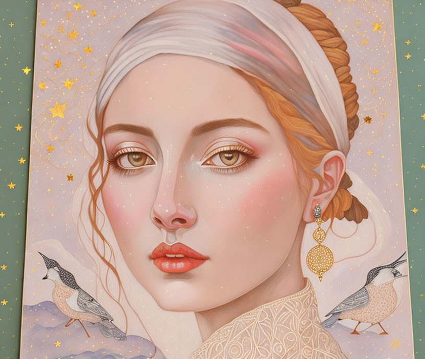 Illustrated portrait of woman with headscarf and earring, stars, birds, green background