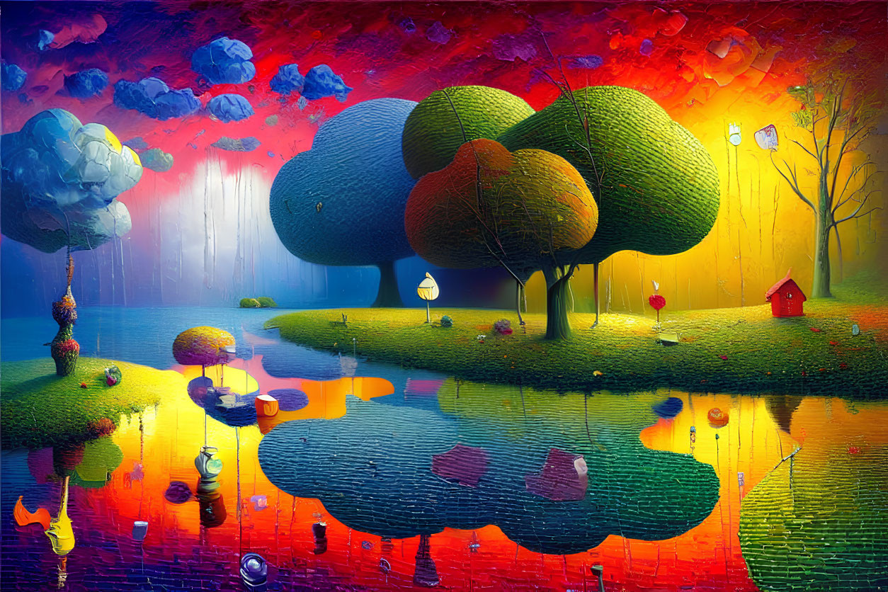 Colorful surreal landscape with stylized trees, water reflection, and whimsical elements under gradient sky.